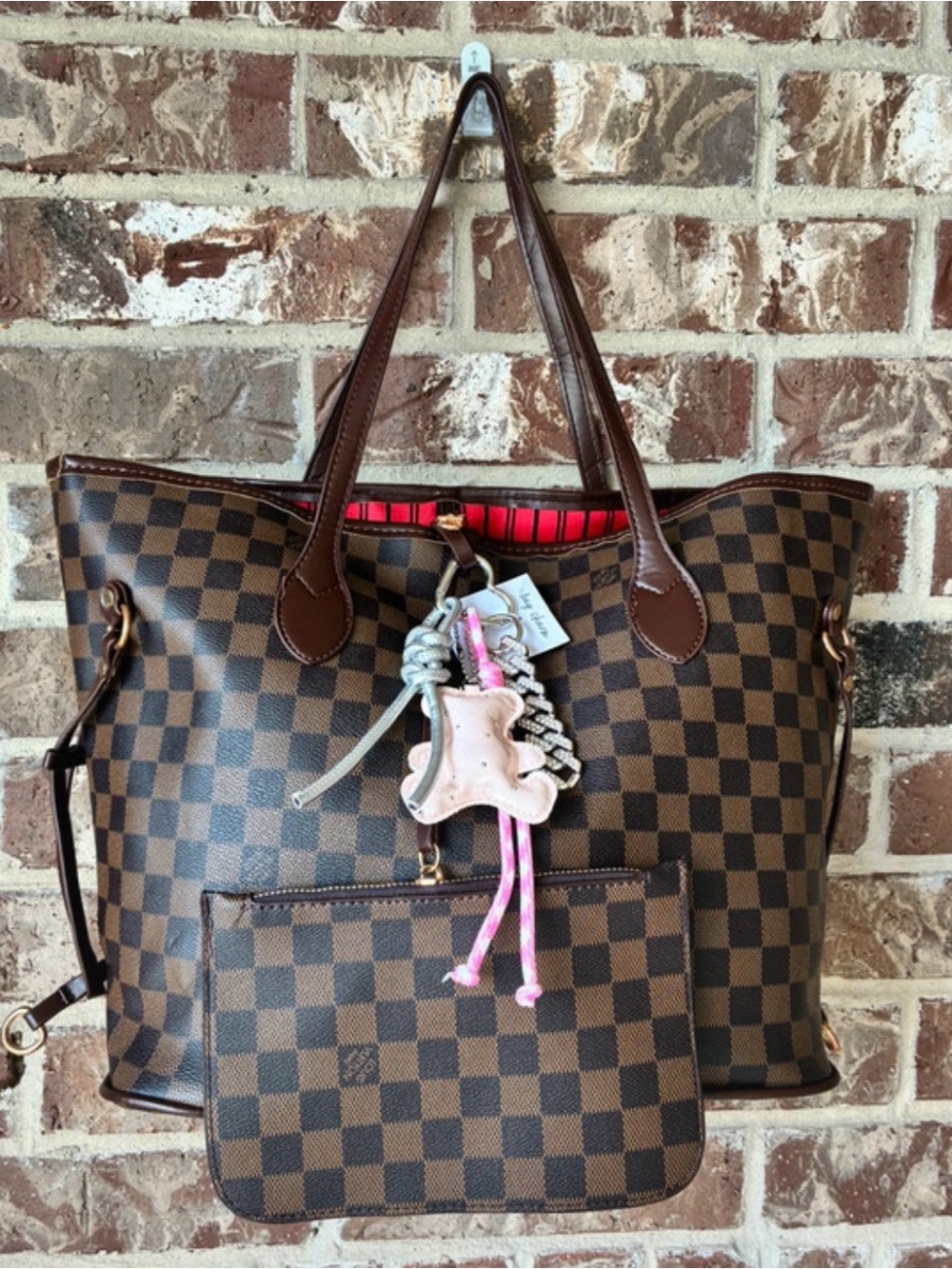 Checkered Brown Tote Bag with Matching Pouch